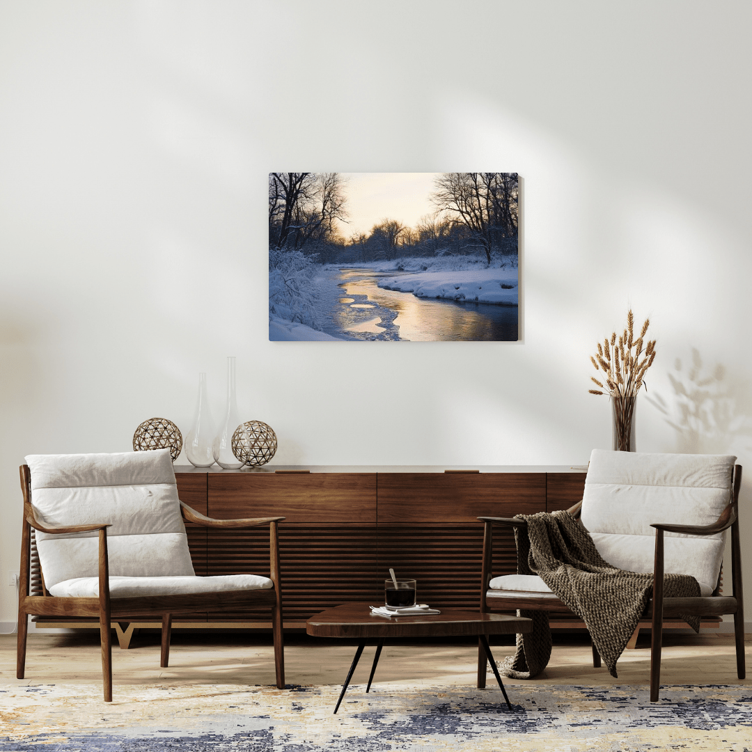 Snowy Winter Sunset by the River - Landscape Wall Art - Aestheticanvas