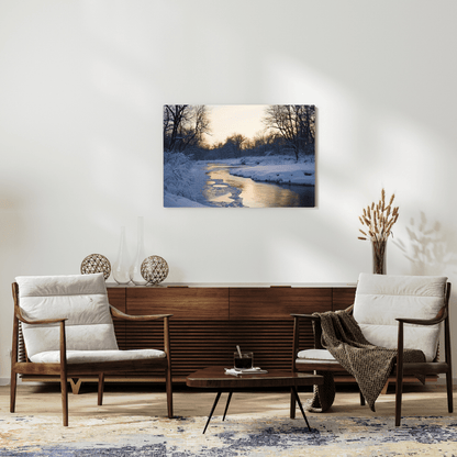 Snowy Winter Sunset by the River - Landscape Wall Art - Aestheticanvas