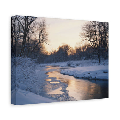 Snowy Winter Sunset by the River - Landscape Wall Art - Aestheticanvas