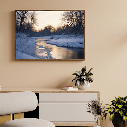 Snowy Winter Sunset by the River - Landscape Wall Art - Aestheticanvas