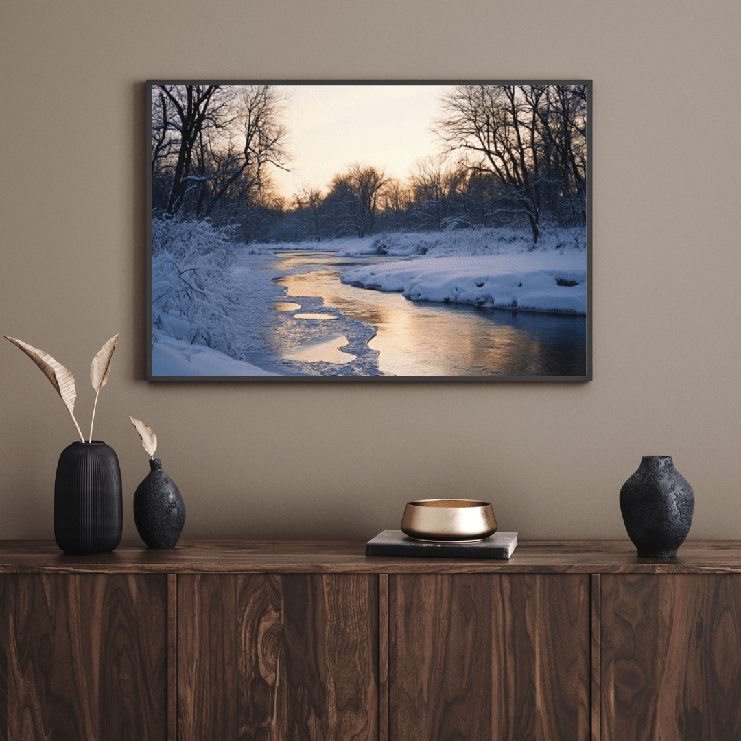 Snowy Winter Sunset by the River - Landscape Wall Art - Aestheticanvas