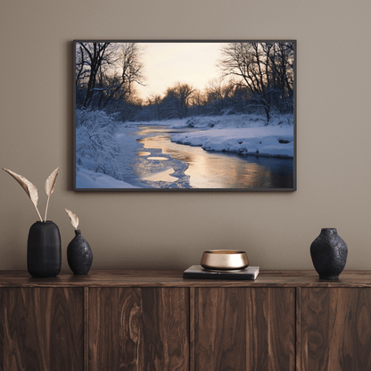 Snowy Winter Sunset by the River - Landscape Wall Art - Aestheticanvas