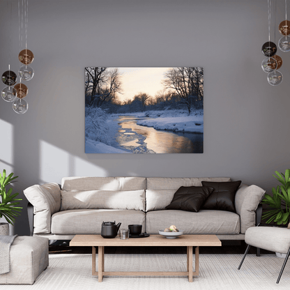 Snowy Winter Sunset by the River - Landscape Wall Art - Aestheticanvas