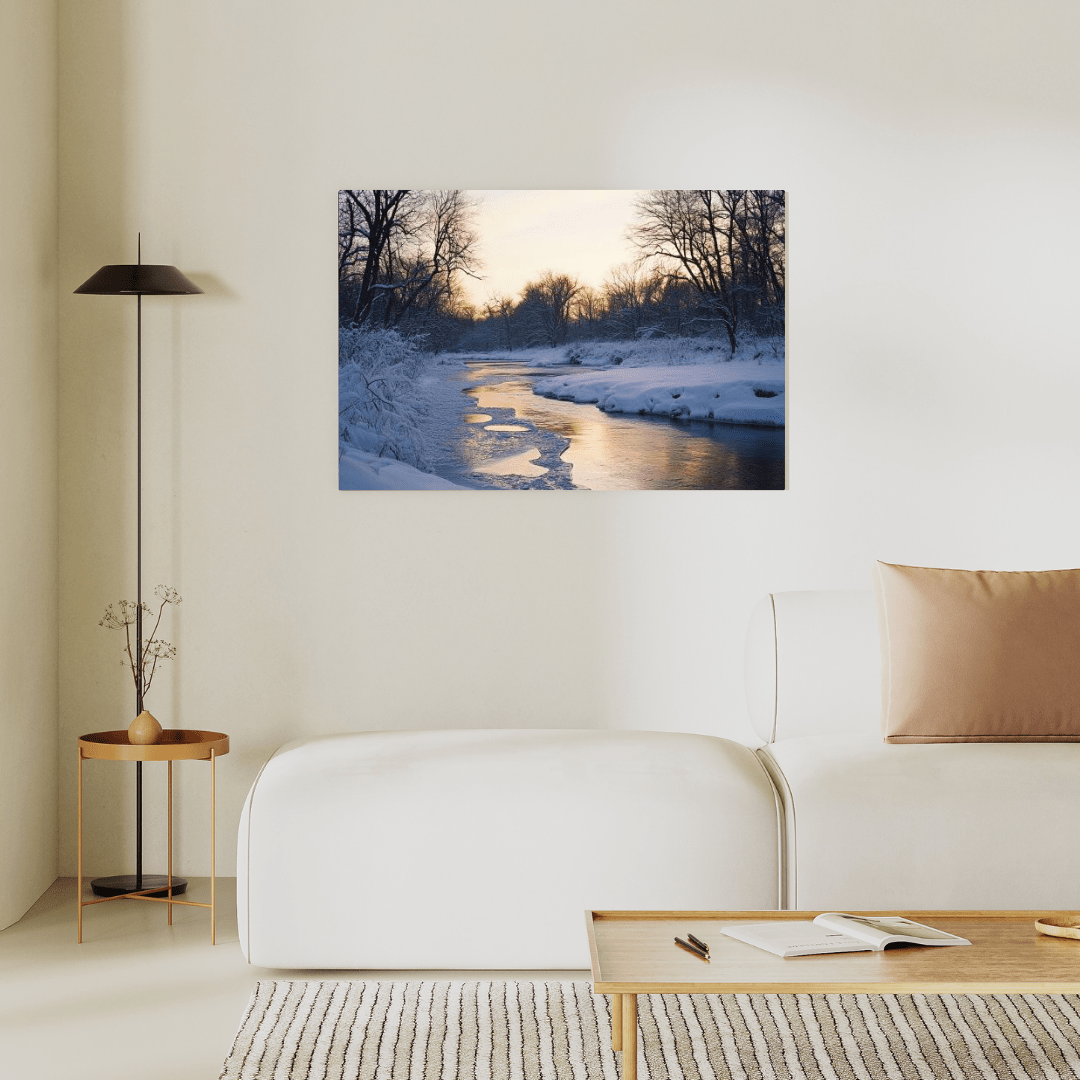 Snowy Winter Sunset by the River - Landscape Wall Art - Aestheticanvas