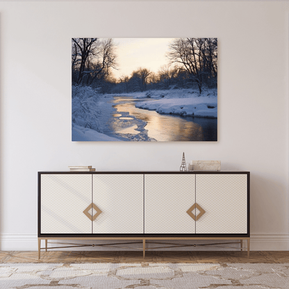 Snowy Winter Sunset by the River - Landscape Wall Art - Aestheticanvas