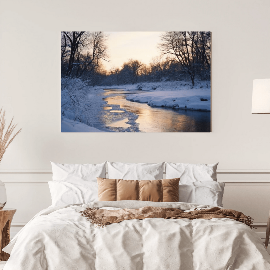 Snowy Winter Sunset by the River - Landscape Wall Art - Aestheticanvas