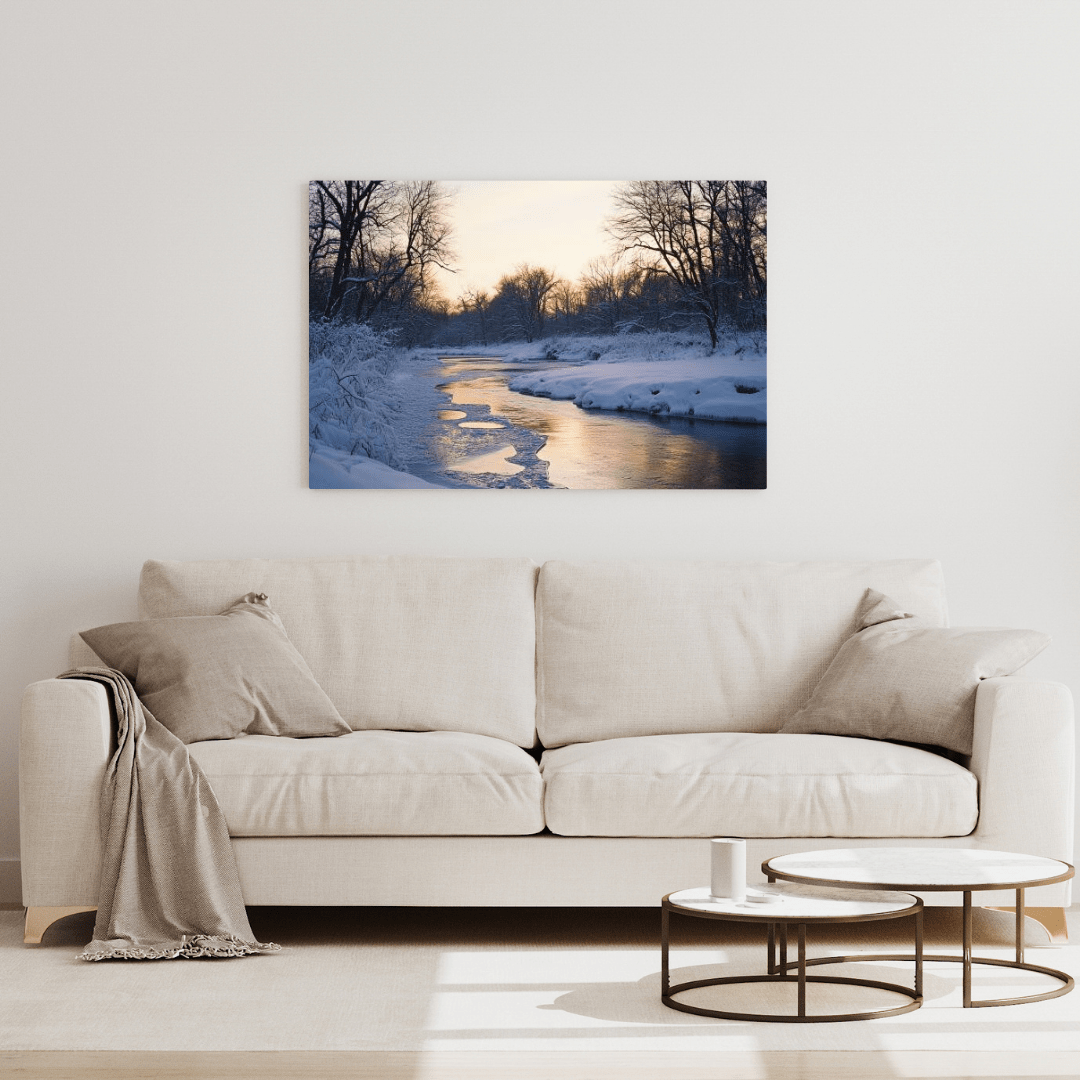 Snowy Winter Sunset by the River - Landscape Wall Art - Aestheticanvas