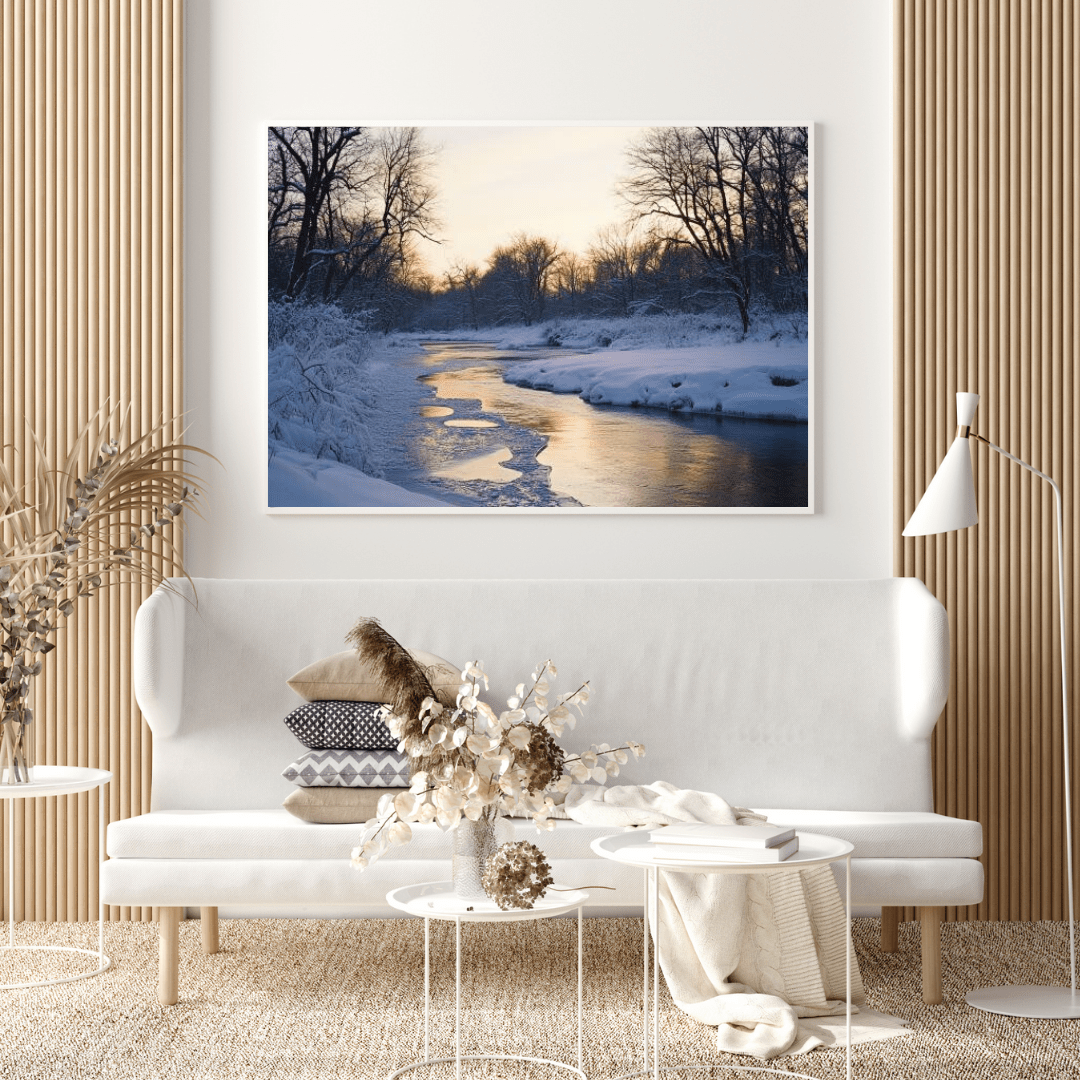 Snowy Winter Sunset by the River - Landscape Wall Art - Aestheticanvas