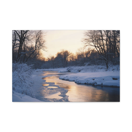 Snowy Winter Sunset by the River - Landscape Wall Art - Aestheticanvas