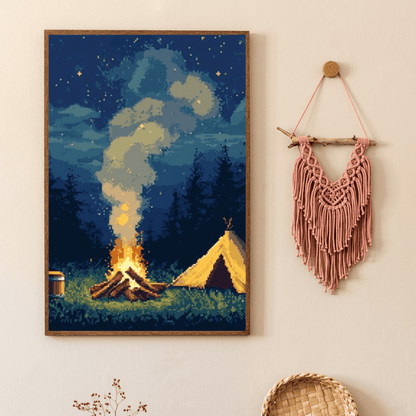 Starlit Campfire - Pixel Art Wall Art - Aestheticanvas