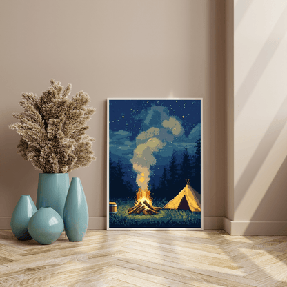 Starlit Campfire - Pixel Art Wall Art - Aestheticanvas