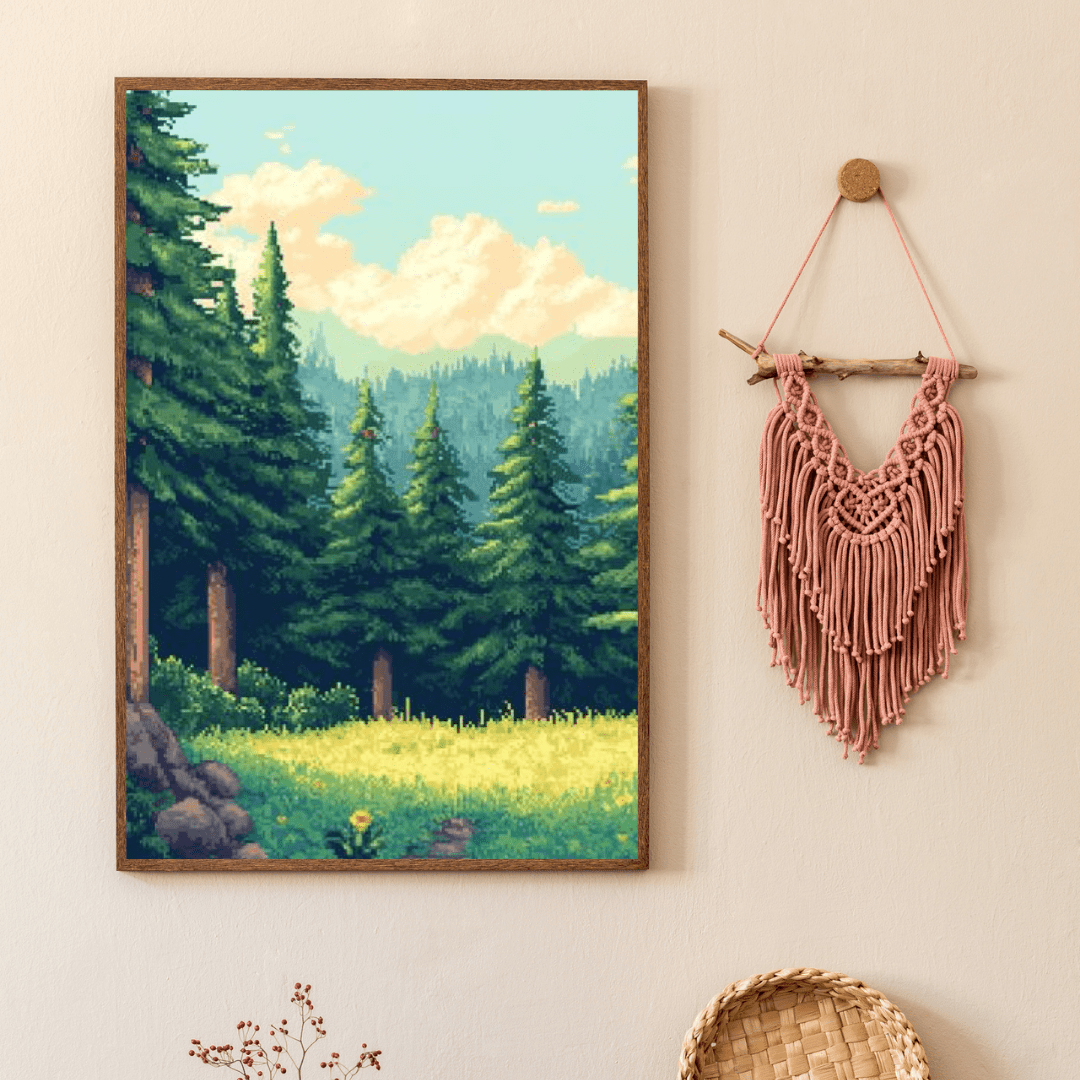 Sunlit Forest Glade - Pixel Art Wall Art - Aestheticanvas