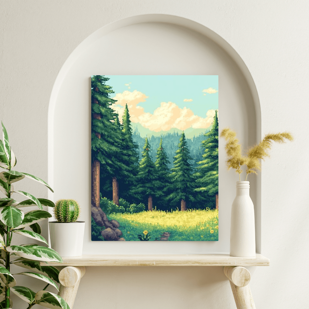 Sunlit Forest Glade - Pixel Art Wall Art - Aestheticanvas