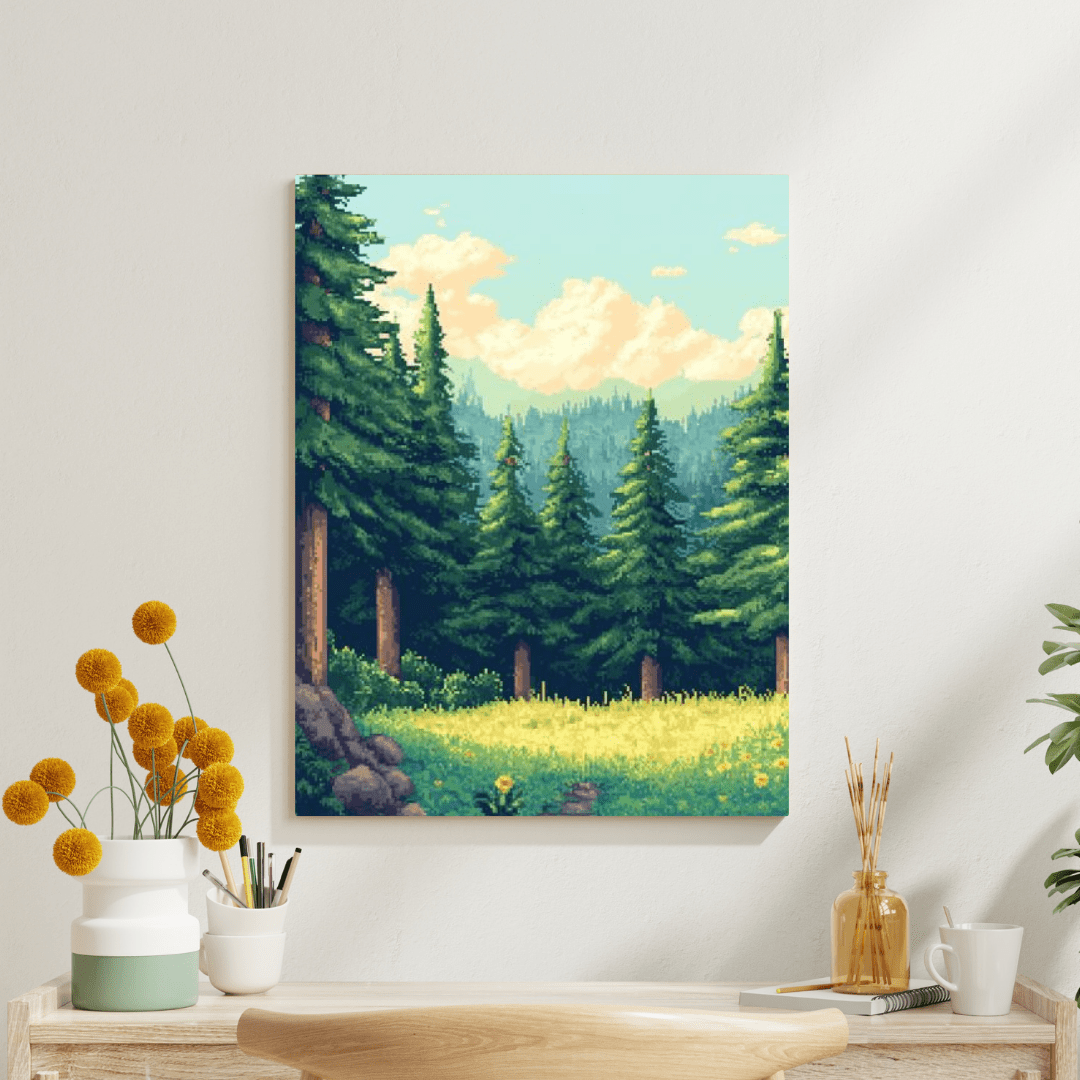 Sunlit Forest Glade - Pixel Art Wall Art - Aestheticanvas