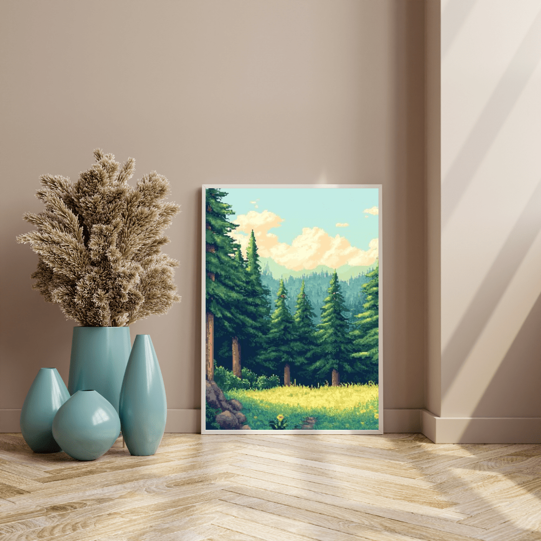 Sunlit Forest Glade - Pixel Art Wall Art - Aestheticanvas