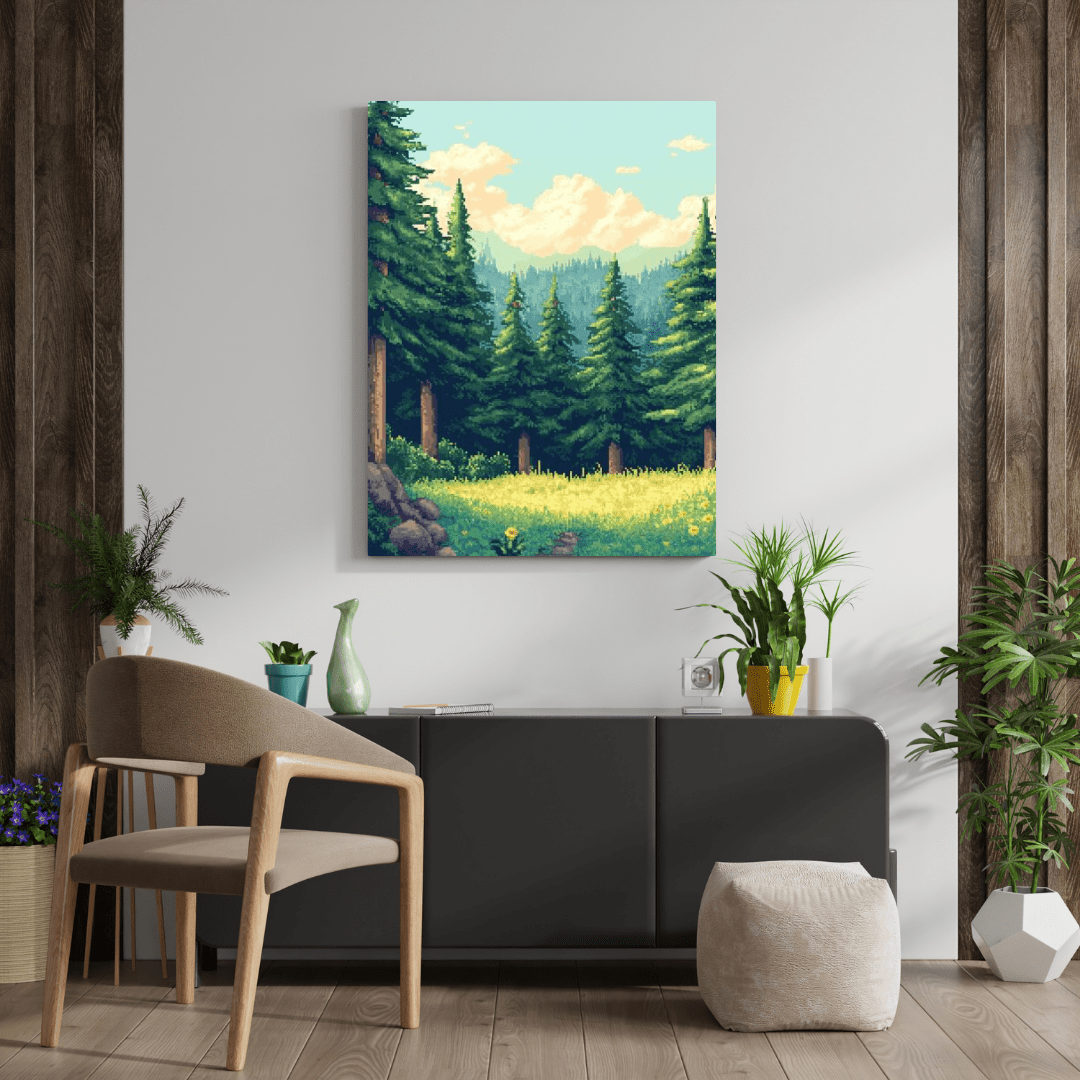 Sunlit Forest Glade - Pixel Art Wall Art - Aestheticanvas