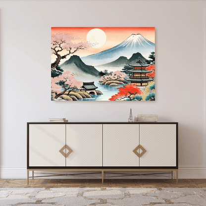 Temple & Mount Fuji Sunset - Japanese Wall Art - Aestheticanvas