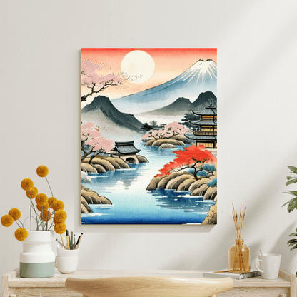 Temple & Mount Fuji Sunset - Japanese Wall Art - Aestheticanvas