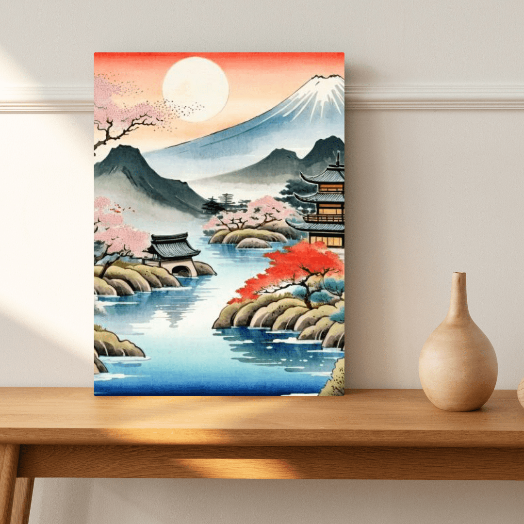 Temple & Mount Fuji Sunset - Japanese Wall Art - Aestheticanvas