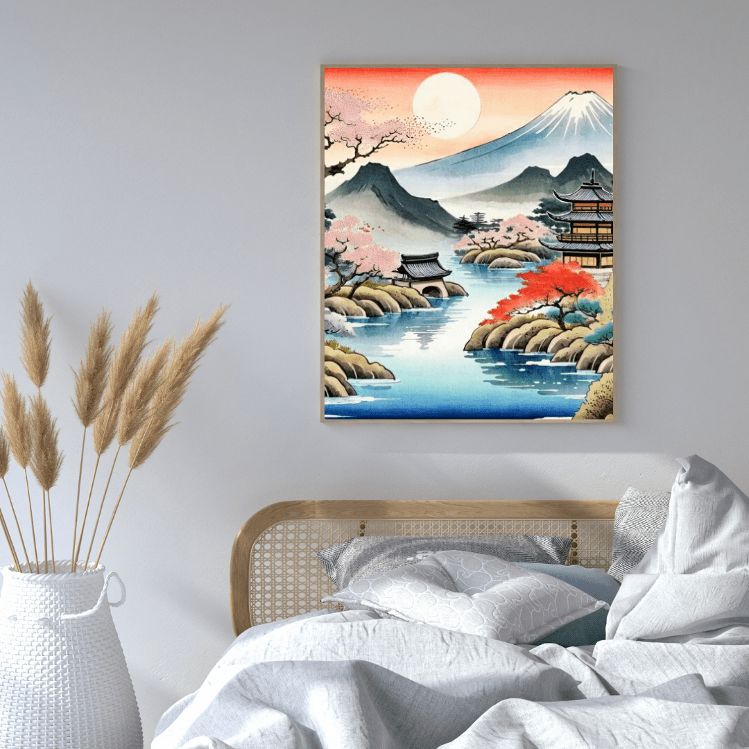 Temple & Mount Fuji Sunset - Japanese Wall Art - Aestheticanvas