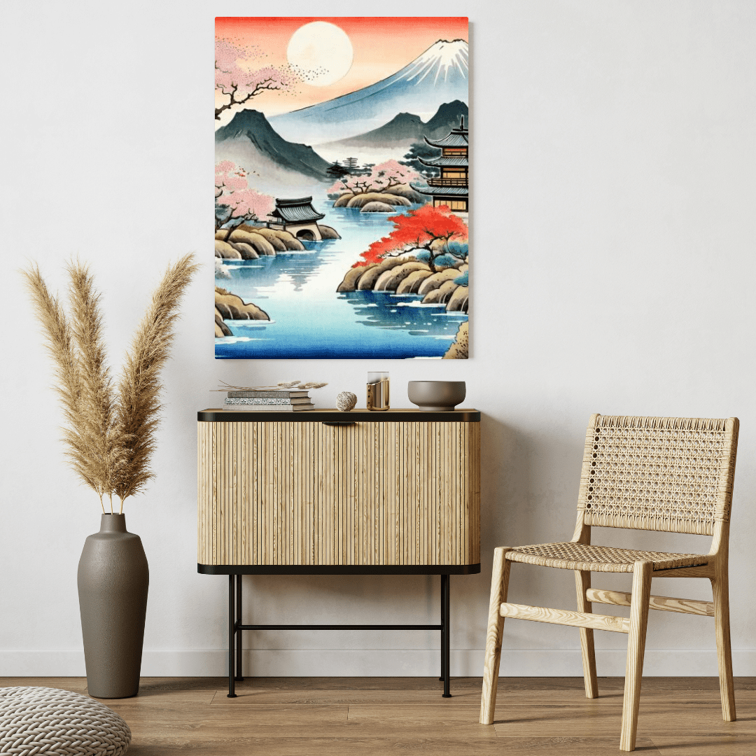 Temple & Mount Fuji Sunset - Japanese Wall Art - Aestheticanvas