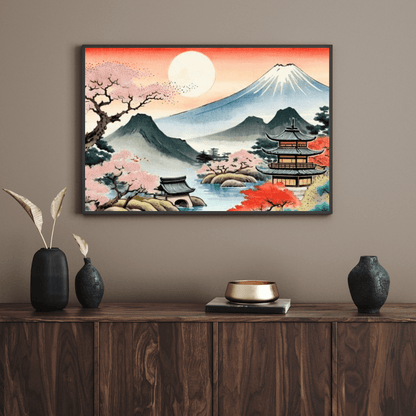 Temple & Mount Fuji Sunset - Japanese Wall Art - Aestheticanvas