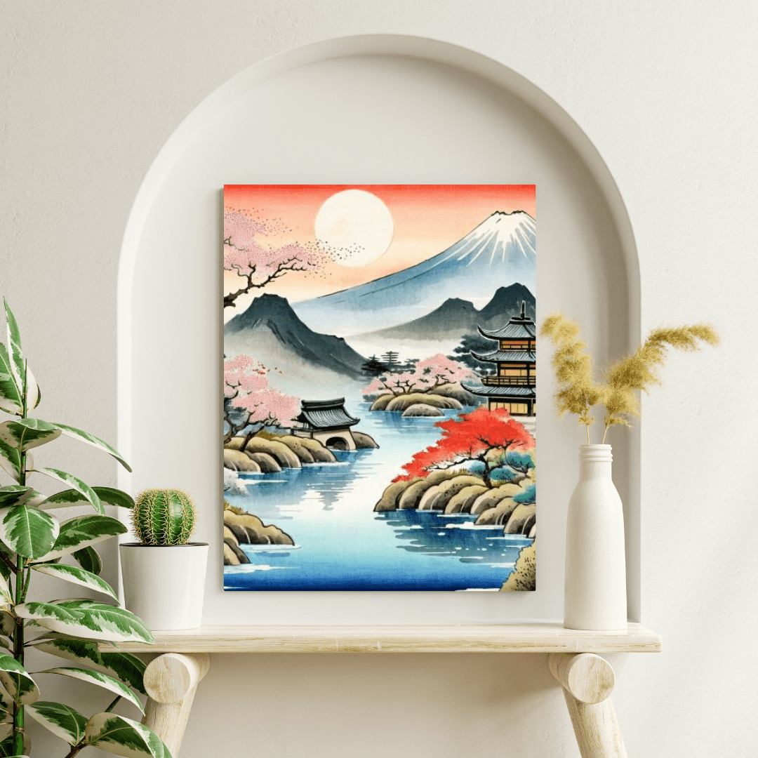 Temple & Mount Fuji Sunset - Japanese Wall Art - Aestheticanvas