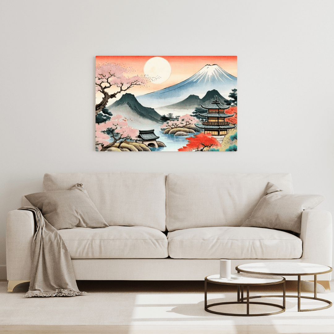 Temple & Mount Fuji Sunset - Japanese Wall Art - Aestheticanvas