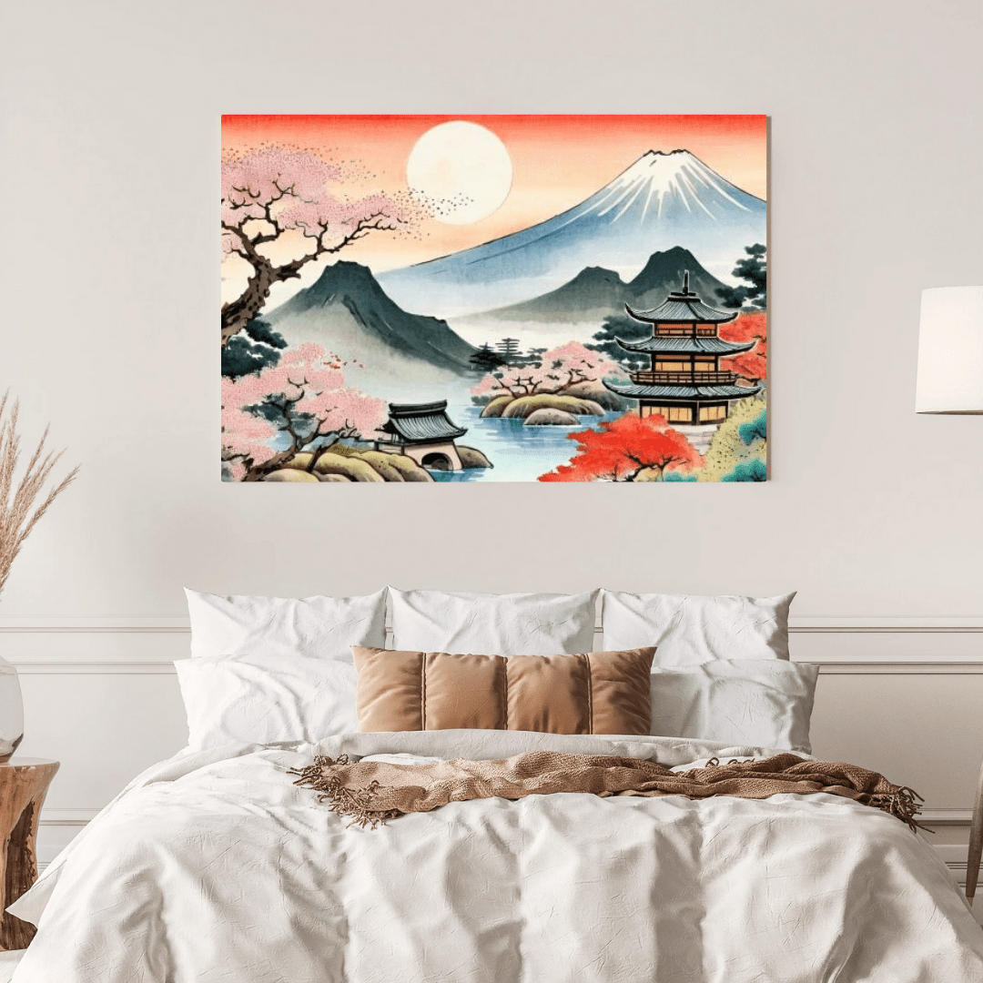 Temple & Mount Fuji Sunset - Japanese Wall Art - Aestheticanvas