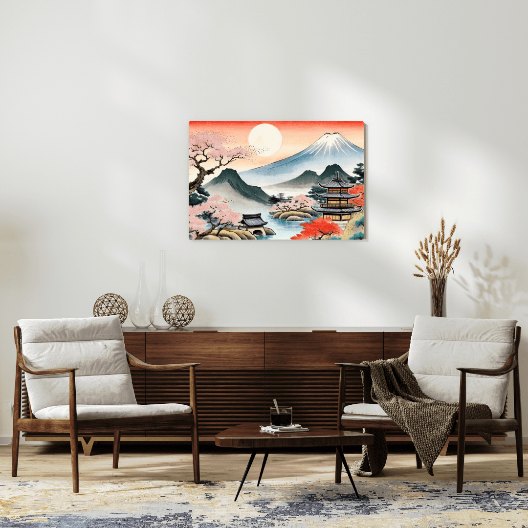 Temple & Mount Fuji Sunset - Japanese Wall Art - Aestheticanvas