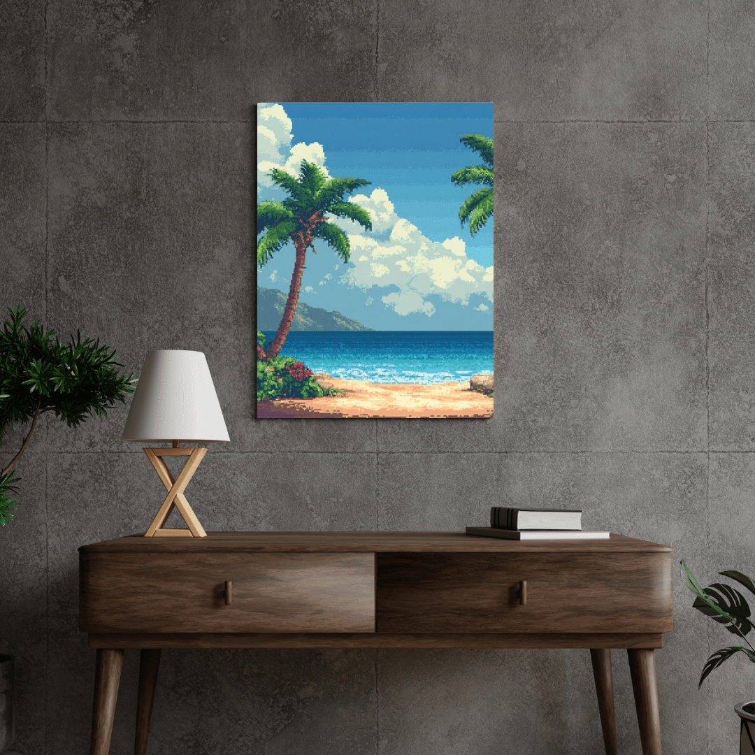 Tropical Beach Paradise - Pixel Art Wall Art - Aestheticanvas