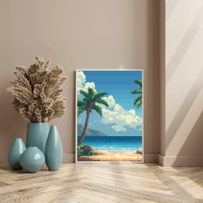 Tropical Beach Paradise - Pixel Art Wall Art - Aestheticanvas