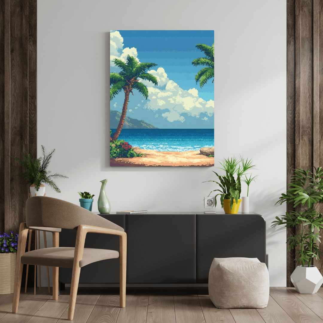 Tropical Beach Paradise - Pixel Art Wall Art - Aestheticanvas