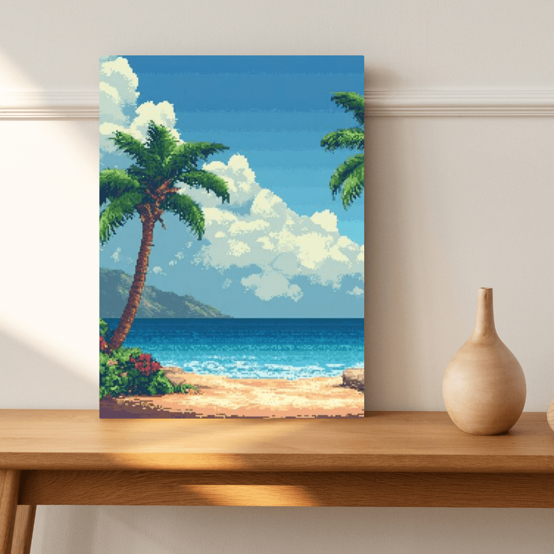 Tropical Beach Paradise - Pixel Art Wall Art - Aestheticanvas