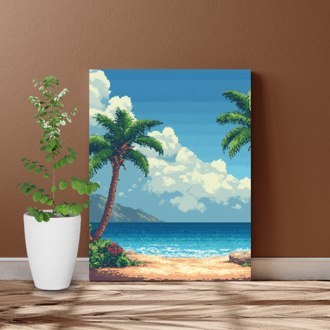 Tropical Beach Paradise - Pixel Art Wall Art - Aestheticanvas