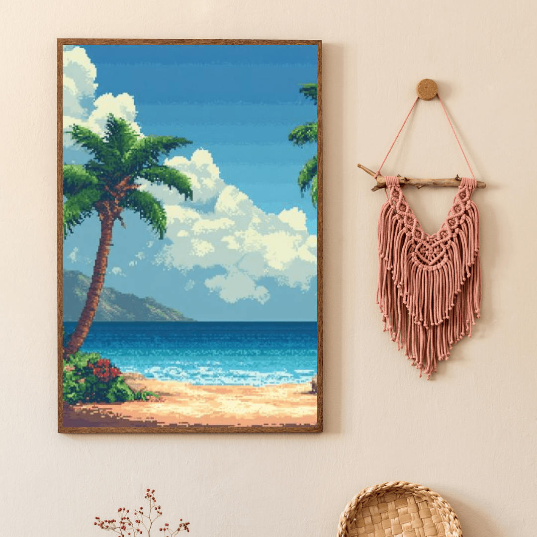 Tropical Beach Paradise - Pixel Art Wall Art - Aestheticanvas