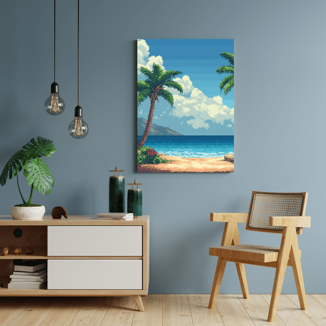 Tropical Beach Paradise - Pixel Art Wall Art - Aestheticanvas