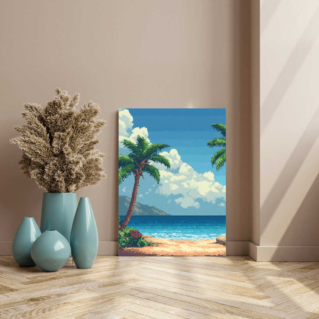 Tropical Beach Paradise - Pixel Art Wall Art - Aestheticanvas