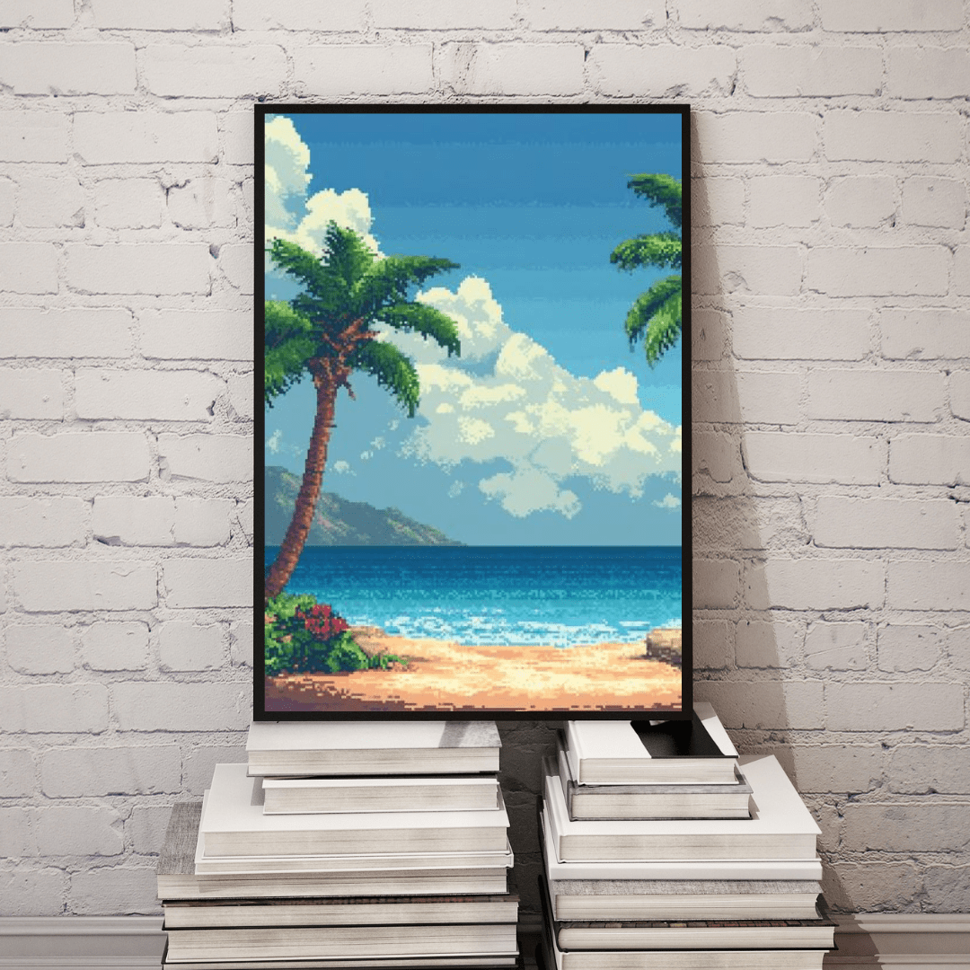 Tropical Beach Paradise - Pixel Art Wall Art - Aestheticanvas