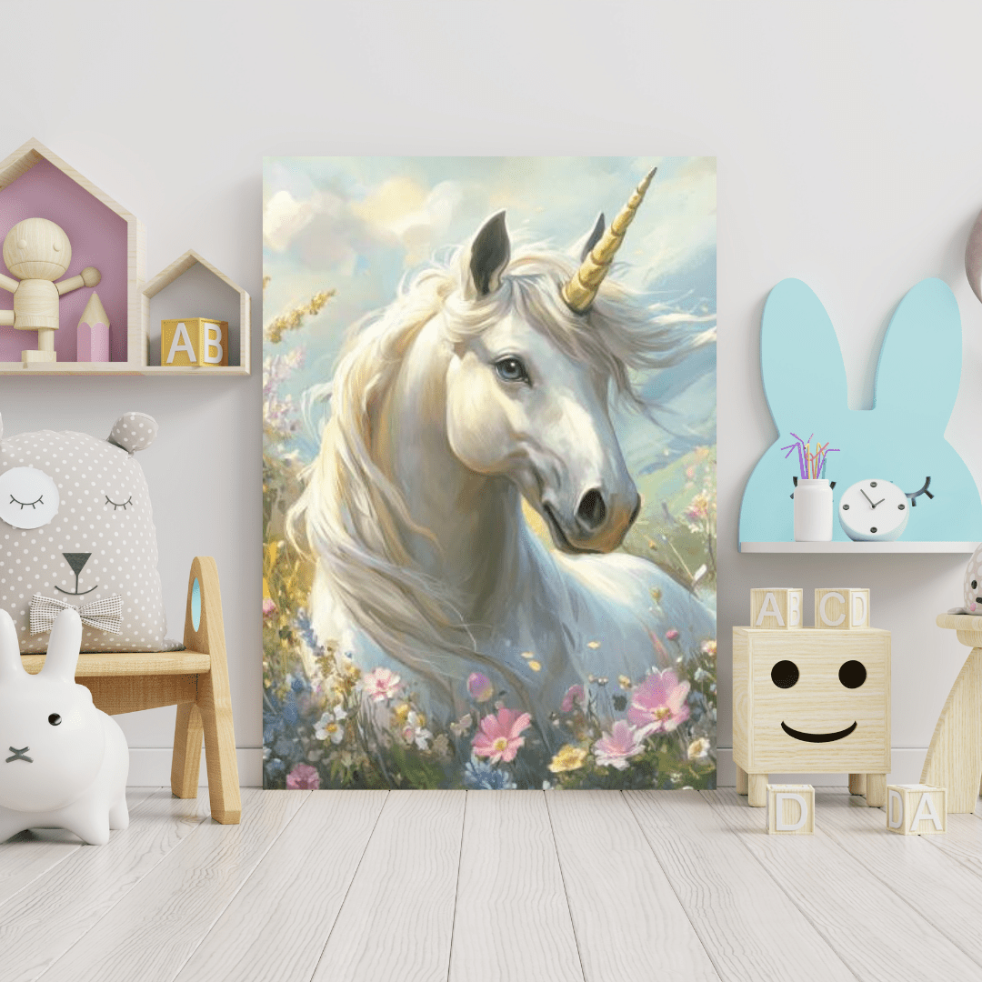 Unicorn in Flower Meadow - Kids Wall Art - Aestheticanvas