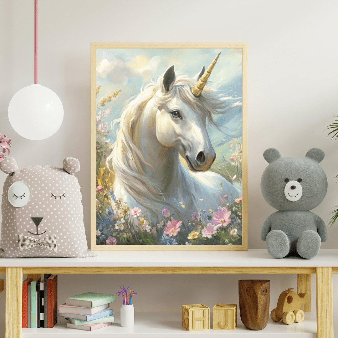 Unicorn in Flower Meadow - Kids Wall Art - Aestheticanvas