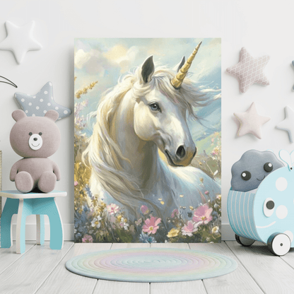 Unicorn in Flower Meadow - Kids Wall Art - Aestheticanvas