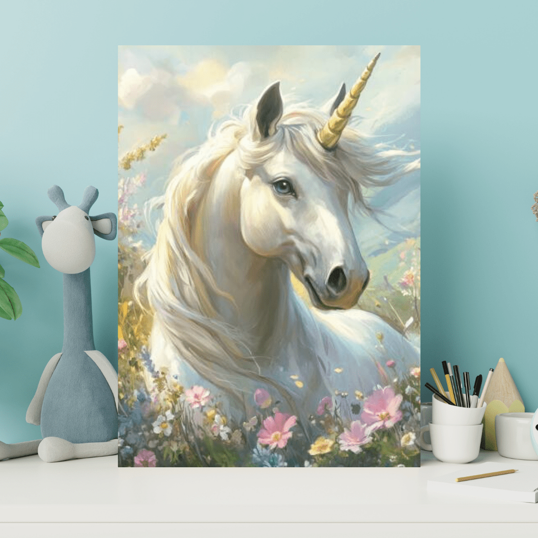 Unicorn in Flower Meadow - Kids Wall Art - Aestheticanvas