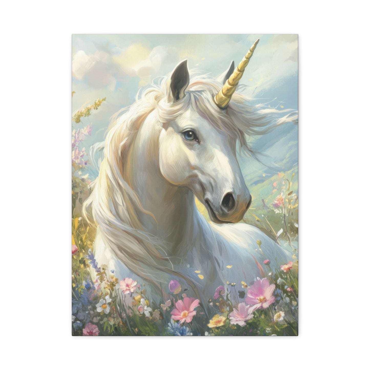 Unicorn in Flower Meadow - Kids Wall Art - Aestheticanvas