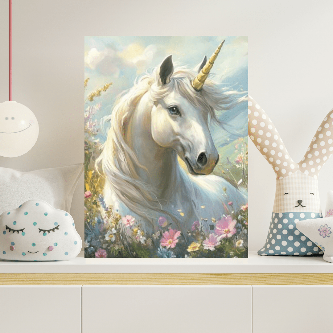 Unicorn in Flower Meadow - Kids Wall Art - Aestheticanvas