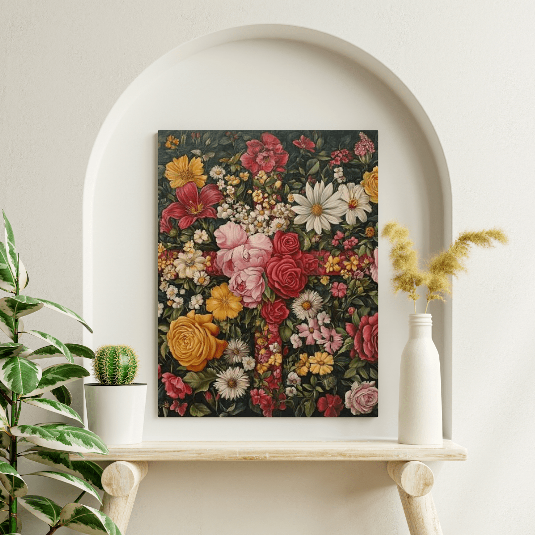 Vibrant Floral Cross Art - Religion Wall Art - Aestheticanvas