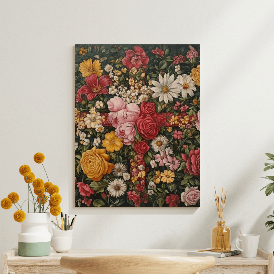 Vibrant Floral Cross Art - Religion Wall Art - Aestheticanvas