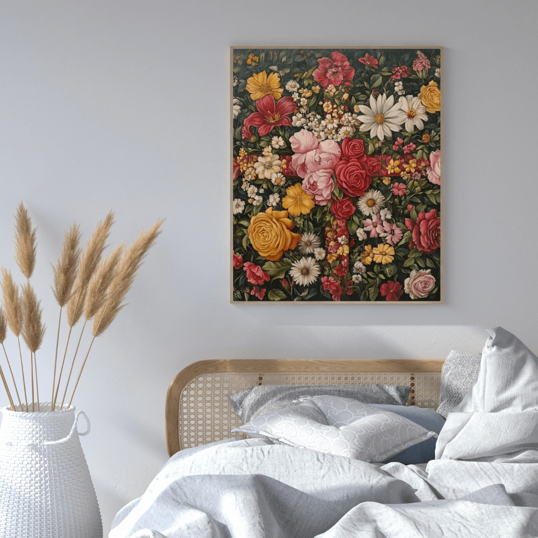 Vibrant Floral Cross Art - Religion Wall Art - Aestheticanvas