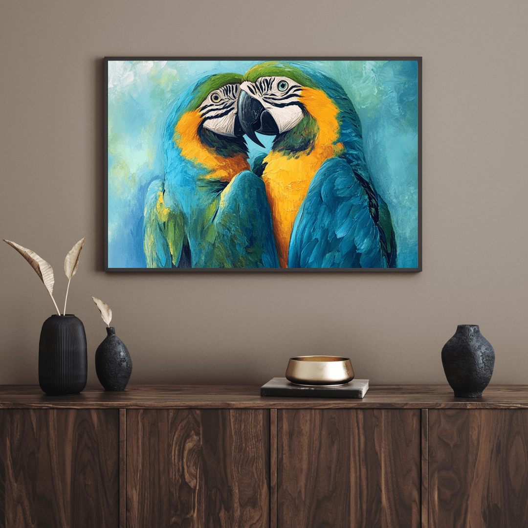 Vibrant Macaws Embrace - Bird Wall Art - Aestheticanvas