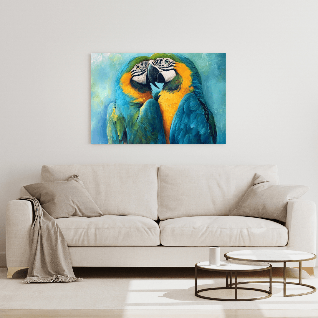 Vibrant Macaws Embrace - Bird Wall Art - Aestheticanvas